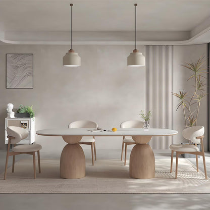 62"-78"Modern Oval Dining Table, White Top with Sculptural Wood Bases for 4-6 People
