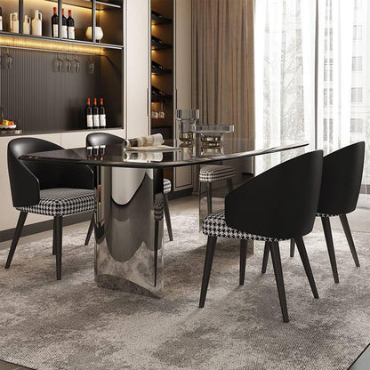 63"-79"Luxury Black Marble Dining Table, Glossy Top with Polished Metal Base for 4-6 People