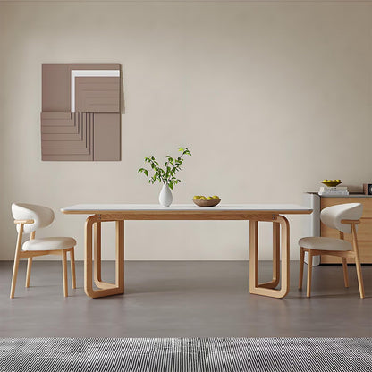 62"-78"Modern Dining Table, White Sintered Stone Top with Natural Wood U-Shaped Legs