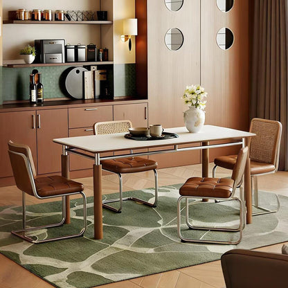 63"-79"Mid-Century Dining Table, White Top with Wood & Chrome Metal Legs for 4-6