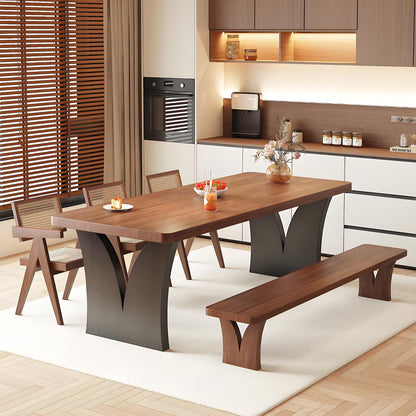 63"-79"Retro Style Wooden Dining Table, Brown Rectangular Kitchen Table with Unique Curved Legs for Dining Room