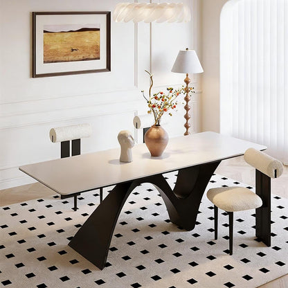 63"-79"Elegant Minimalist Dining Table, White Top with Abstract Curved Black Legs for 4-6