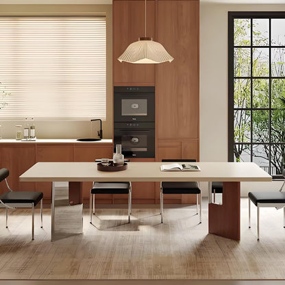 63"-79"Contemporary Neutral Dining Table, Sleek Beige Top with Contrasting Wood & Chrome Base