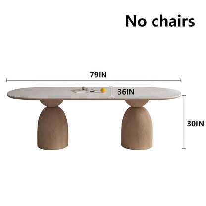 62"-78"Modern Oval Dining Table, White Top with Sculptural Wood Bases for 4-6 People