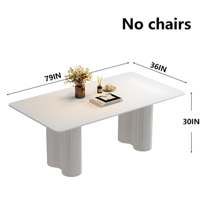 62"-78"Cream White Dining Table, Matte Top with Fluted Pedestal Bases for 4-6 People