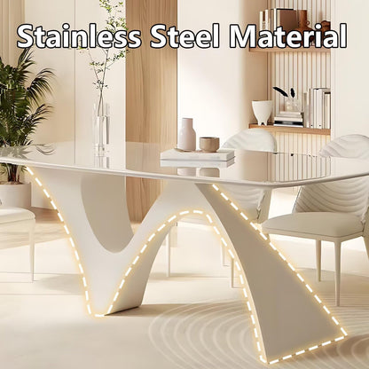 63"-79"Modern White Dining Table, Glossy Top with Sculptural Abstract Base