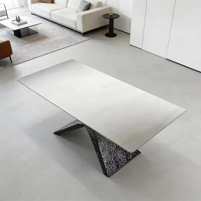 63"-79"Minimalist Dining Table, Glossy White Tabletop with Black Water Ripple Base