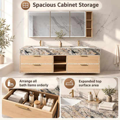 52''-110'' Wall Mounted Double Sink Bathroom Vanity Includes Light Oak Drawers
