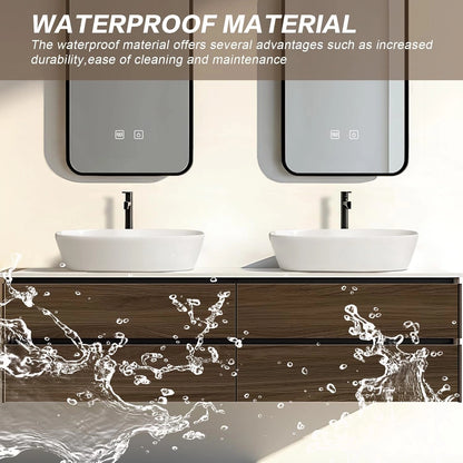 60” - 78” Dark Brown Bathroom Vanity with Four Large Drawers & Above Counter Sinks