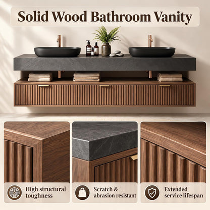 72-110‘ ’Floating Bathroom Vanity with Double Sink with Fluted Wood Front