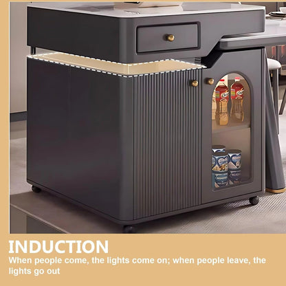 91” - 98” Grey Modern Kitchen Island Includes Trapezoidal Base & Glass Cabinet Door (No Chair)