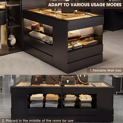 Luxurious Closet Island With Glass Top And Jewelry Storage,Black Simple Style