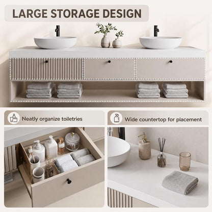 52''-110'' Floating Bathroom Vanity with Double Sink Includes Open Shelf Storage