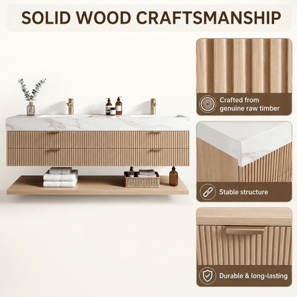 52''-110'' Wall Mounted Modern Double Sink Bathroom Vanity with Mirror Storage and Under-Cabinet Shelf