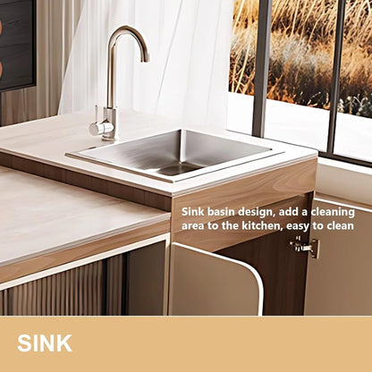 67” – 93” Simple Beige Kitchen Island Includes Retractable and Liftable Design (No Chair)