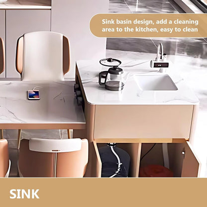 79” Brown Modern Kitchen Island Includes Open Shelf & Integrated Sink (No Chair)