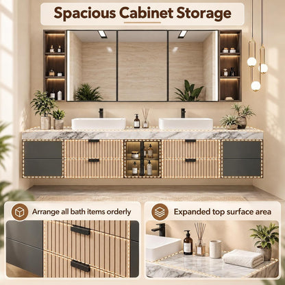 52''-110'' Floating Bathroom Vanity with Double Sink Includes Open Glass Shelves