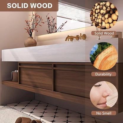 48” - 64” Natural Elegant Bathroom Vanity Includes Medieval Style & Square Mirror
