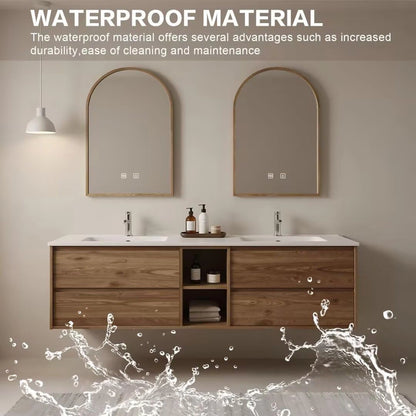 60” - 84” Simple Bathroom Vanity Includes Wood Grain Cabinet & Open Compartments