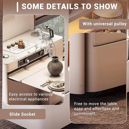 White Minimalist Kitchen Island with Foldable Cabinets & Visual Storage (6 Chairs)