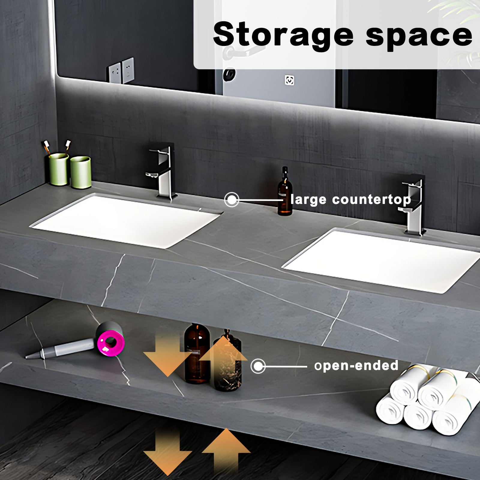 52"- 78" Open Storage Bathroom Vanity Set with LED Mirror and Double Ceramic Sink