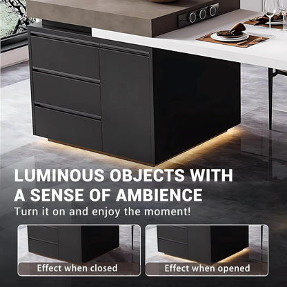 87” - 102” Simple Modern Kitchen Island with Atmosphere Lights & Storage (No Chair)