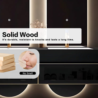 56"- 78" Wall Mounted Double Ceramics Sink With Oval Mirror LED Lighting