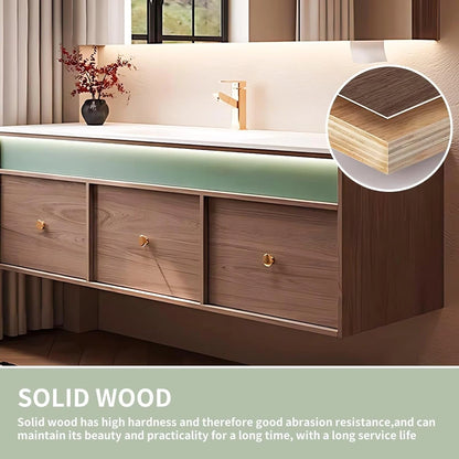 40” - 64” Spacious Natural Bathroom Vanity with Smart Light Strips & Mirror Cabinet
