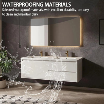 60” - 78” White Bathroom Vanity with LED Lighting & Defogging