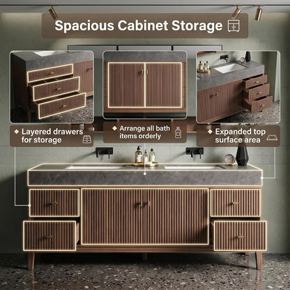 52‘’-110‘’ Freestanding Bathroom Vanity Sinks Set Includes  Vertical Slats,Walnut Wood Veneer