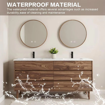 60” - 84” Free Standing Bathroom Vanity with Round Smart Defogging Mirror