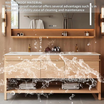 60” - 76” Brown Wood Bathroom Vanity with Hidden Handles Design & Ceramic Basin