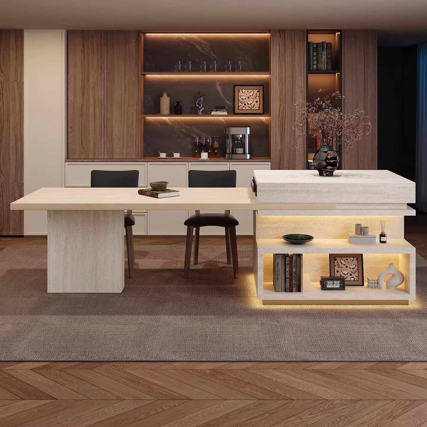 80"-96"Travertine Kitchen Island with Integrated Dining Table & Open Storage Shelves