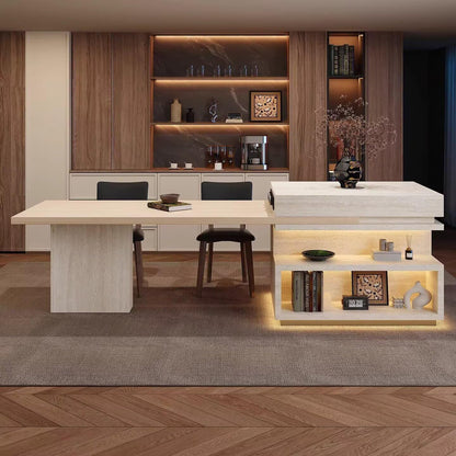 80"-96"Travertine Kitchen Island with Integrated Dining Table & Open Storage Shelves