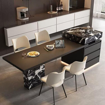 80“-96”Black Marble Kitchen Island with Integrated Dining Table & LED Lighting