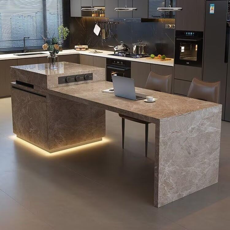 80“-96”Brown Marble Kitchen Island with Integrated Dining Table & LED Lighting