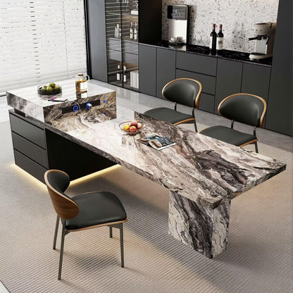 80"-96"Luxury Marble Kitchen Island with Dining Table, Built-in Charging Station & LED Light