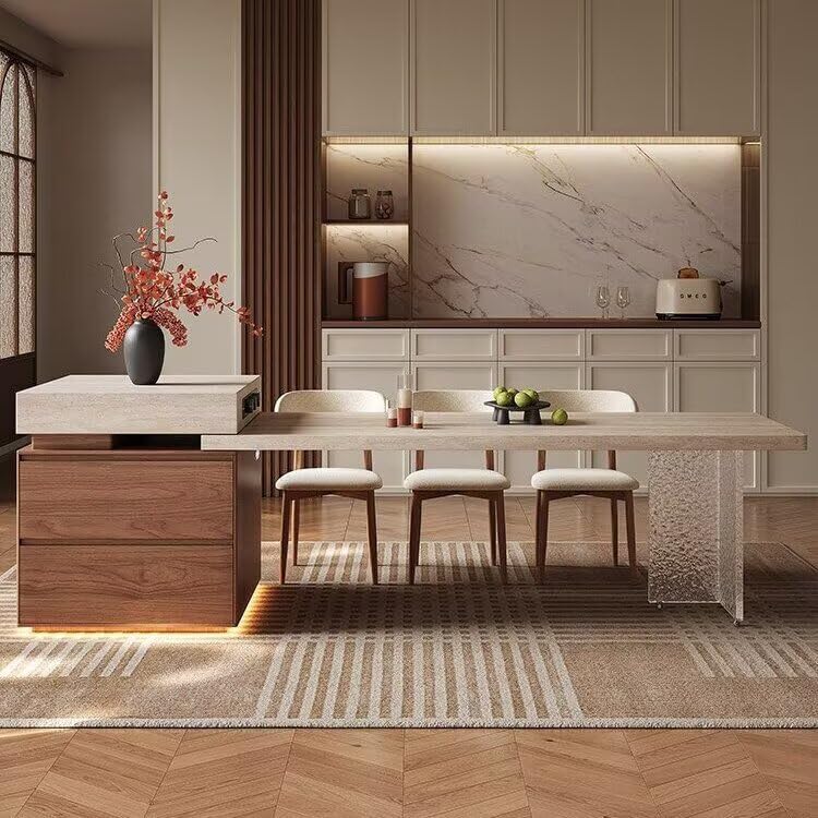 80“-96”Modern Stone Kitchen Island with Integrated Dining Table & Wooden Storage Drawers