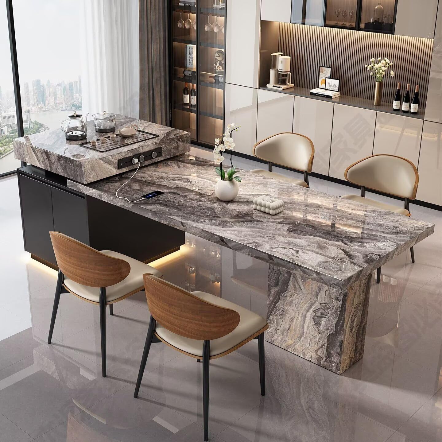 80“-96”Marble Kitchen Island with Tea Station, Dining Table & Built-in Power Outlet
