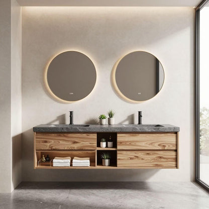 60”-84”Double Sink Floating Bathroom Vanity with LED Round Mirrors