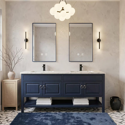 60”-84” Double Vanity, Navy Blue Cabinet with Marble Top & Black Metal Mirrors