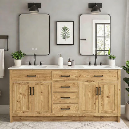 60”-84”Double Sink Bathroom Vanity with LED Mirrors, Freestanding Solid Wood Cabinet with Marble Top, Natural Oak