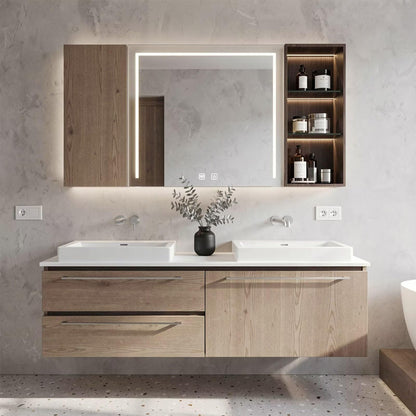 60”-96”Light Oak Floating Double Sink Vanity with LED Lighted Mirror Cabinet