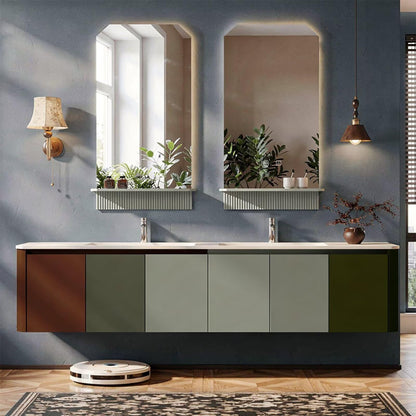 60"-96"Color Block Floating Bathroom Vanity with Double Sinks & LED Mirrors