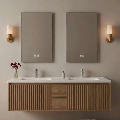 60”-84”Double Sink Floating Bathroom Vanity, Fluted Oak Cabinet with LED Backlit Mirrors