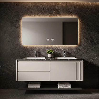 60”-84” Double Floating Vanity, Light Beige Cabinet with LED Backlit Mirror