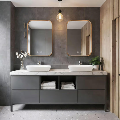 60"-96"Grey Freestanding Bathroom Vanity with Double Vessel Sinks & Gold Frame Mirrors