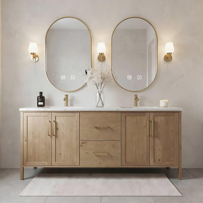 64”-96”Double Sink Freestanding Bathroom Vanity with Gold Oval Mirrors, Light Oak Cabinet