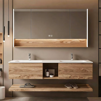 60”-84”Double Sink Floating Bathroom Vanity, Oak Cabinet with LED Mirror Cabinet & Open Shelf