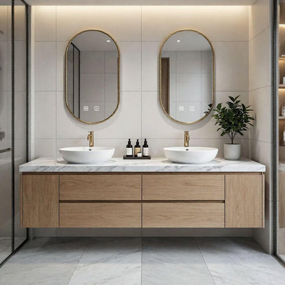 60"-84"Floating Oak Bathroom Vanity with Marble Top & Oval Gold LED Mirrors